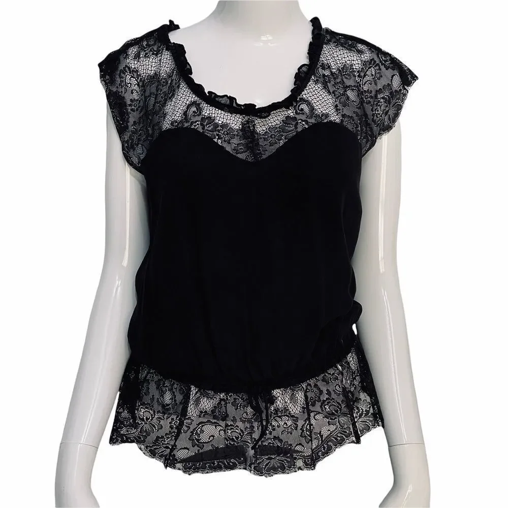 Express Black Lace Peplum Silk Blouse Sequins M - Picture 2 of 15